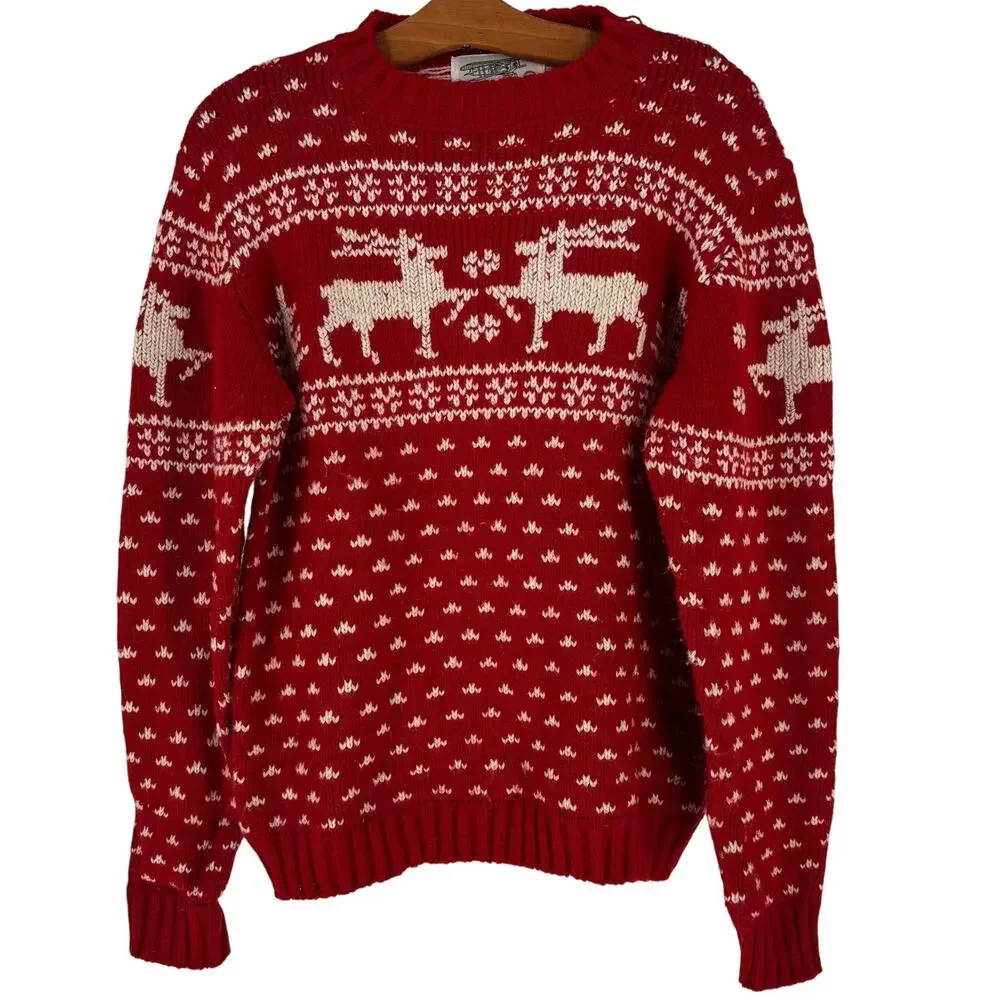 Vintage Aerodrille Nordic Fair Isle Reindeer Wool Blend Red Sweater, Womens XL